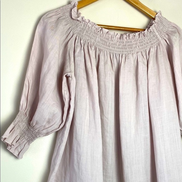 Caara Off-Shoulder Linen Dress with White Lace Appliqué Trim Pale Pink Size S - Picture 3 of 12